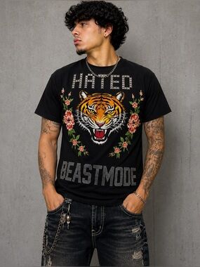 Hudson Outerwear Tiger Embroidered Studded Beastmode Y2K Tee Large